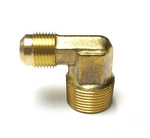 PHA34M90: 3/8 Male Flare x 3/4 Male Elbow - Brass Propane Hose Adapter Ends - Picture 1 of 4