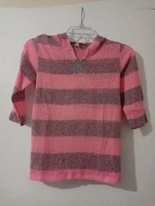 Derek Heart Girl Pink multi-color striped soft knit split neck hoodie M 300 - Picture 1 of 6