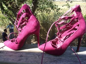 Charlotte Russe Size 6 Plum Stiletto High Heel Faux Suede Straps and Ties Sexy - Picture 1 of 6