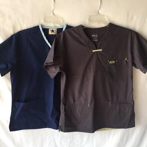 Lot of 2 Medical Nurse Scrub Tops Size Small Blue Gray Veterinarian Uniform - Picture 1 of 12