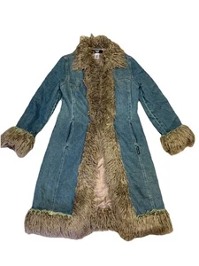 Vintage Y2K Coffee Shop Denim Afghan Penny Lane Coat Size Medium - Picture 1 of 6