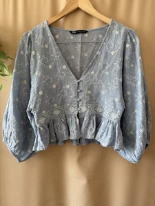 ZARA Blusa Boho Blu in cotone ricamato floreale S - Foto 1 di 12