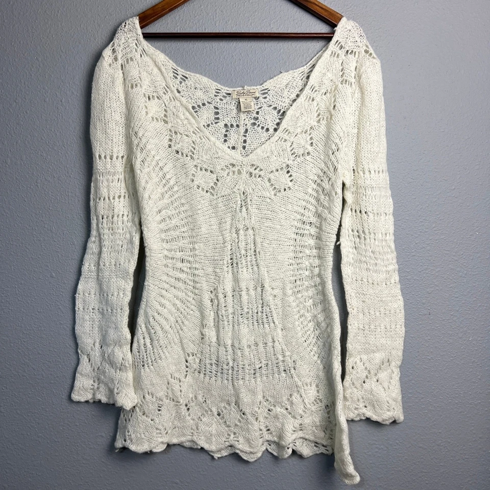 Lucky Brand Lightweight XL Cream Open Knit Sweater Bell Sleeve Crochet Boho Top - Image 1 of 4