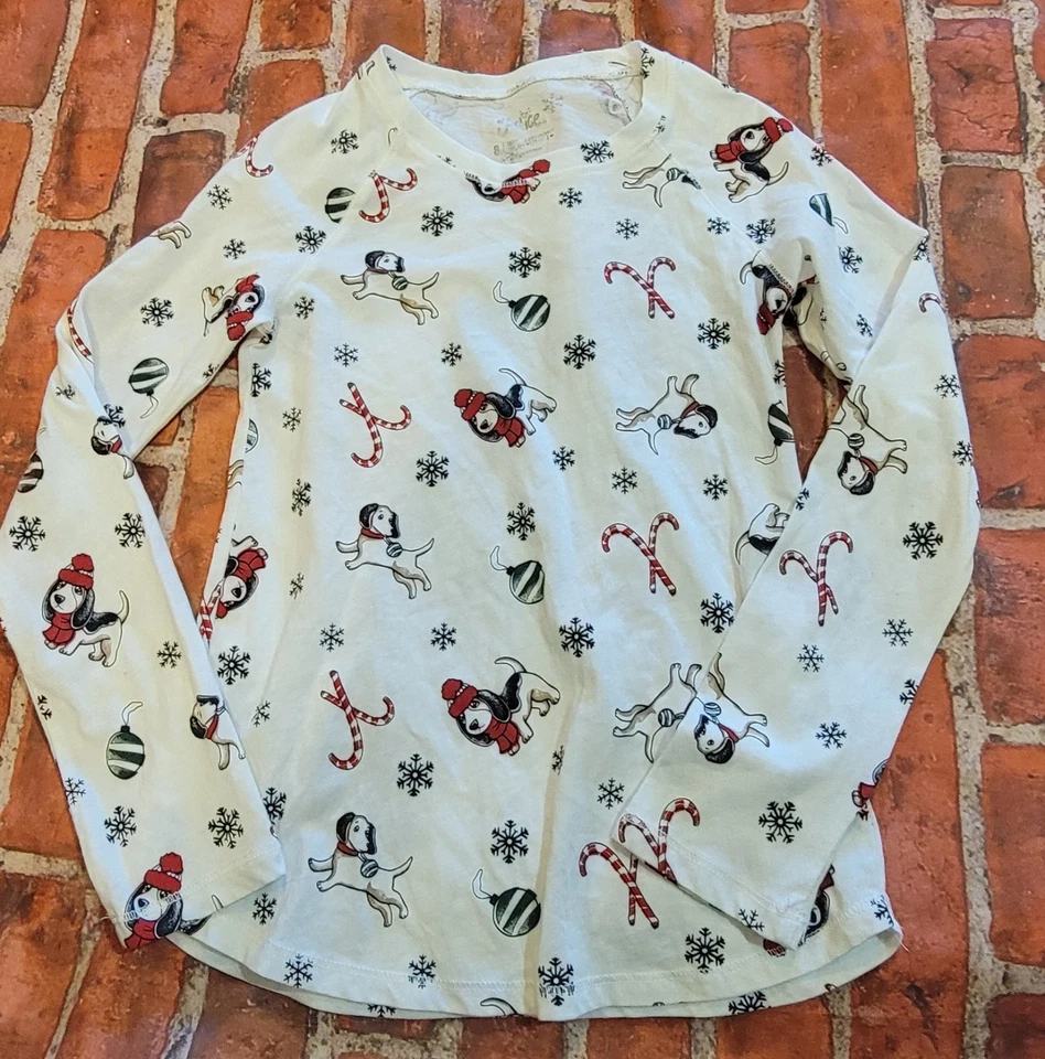 Camisa de Navidad Justice Girls talla 8 cachorros bastones de caramelo adornos blanca Foto 1 de 1