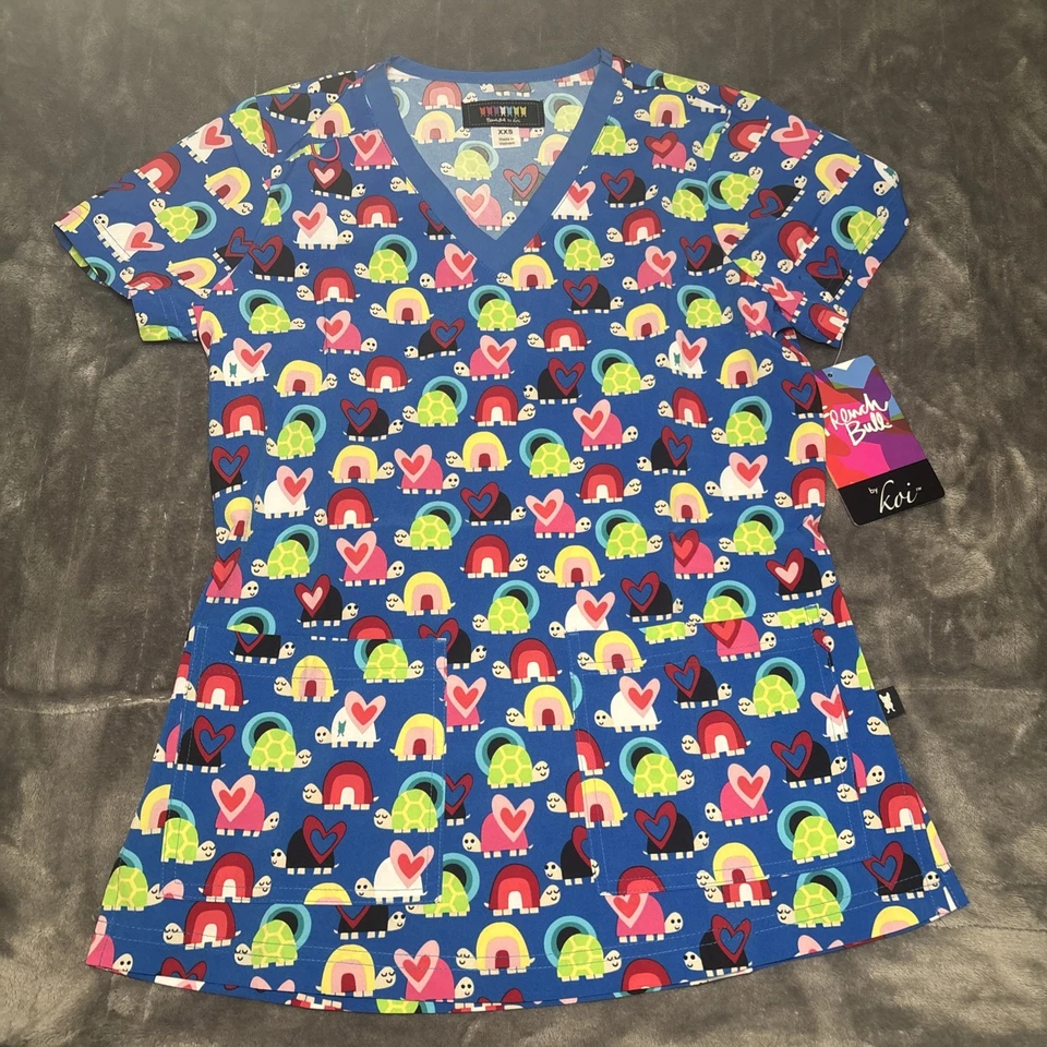 Koi French Bull Scrub Top Women’s  XXS Blue Lulu Turtle Sunset Nursing Top - Image 1 of 4