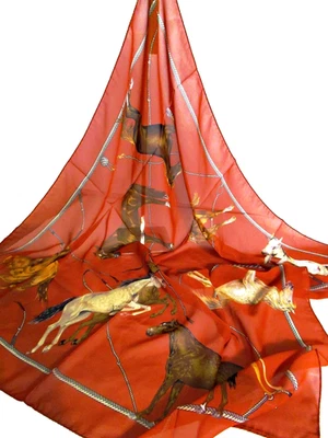 ITALIAN 100% SILK HR SQUARE SCARF EQUESTRIAN DESIGN HORSES 35X35 - MADE IN ITALY - Image 1 of 4