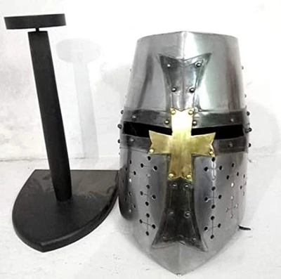 Casco Caballero Templario Medieval Cualquier Decoración del Hogar Réplica Halloween Con Soporte de Madera Foto 1 de 4