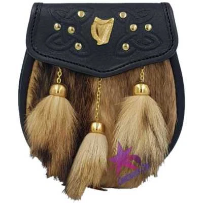 CC Kilt Sporran Scottish Irish Harp Badge Fox Fur Black Leather Gold Finish - Image 1 of 3