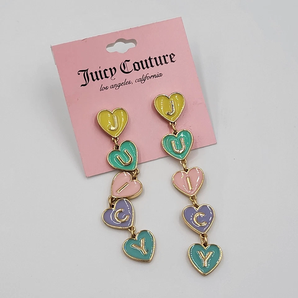 Juicy Couture Colorful Pastel Candy Heart Gold Linear Drop Stud Earrings NWT - Image 1 of 1