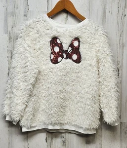 Disney Minnie Mouse Sweater Girl 14 Off White Sherpa Big Red Sequin Bow Soft - Picture 1 of 10
