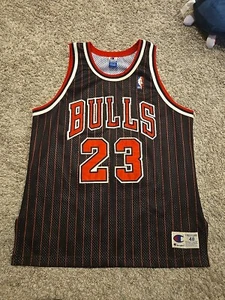 Authentic Champion Michael Jordan Chicago Bulls Black Pinstriped Jersey 48 Sewn - Picture 1 of 13