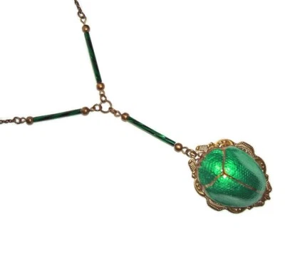 GREEN SCARAB BEETLE NECKLACE Egyptian Revival Vintage Style w Czech Glass Beads - Image 1 of 4