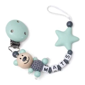 Schnullerkette mit Namen - Teddy, mint, dunkelgrau, Silikonstern - Bild 1 von 3