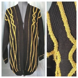 Vintage Oversized Black Open Front Sweater Cardigan with Gold Accents Size Small - Picture 1 of 7