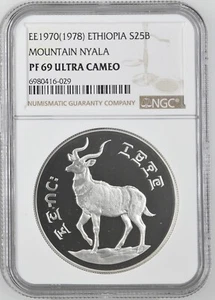 1978 ETHIOPIA SILVER 25 BIRR MOUNTAIN NYALA NGC PF 69 ULTRA CAMEO - Picture 1 of 2