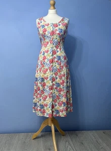 Vintage Womens Floral Pastel Button Up Tie Back Sleeveless Midi Tea Dress UK 10 - Picture 1 of 4