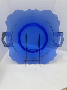 Vtg LE Smith MT PLEASANT COBALT BLUE Glass Low Footed HANDLED CAKE PLATE Gold - Picture 1 of 8