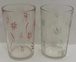 2 Vintage Hazel Atlas Kraft Swanky Swigs Juicers Red Cornflower & Green Tulip - Picture 1 of 6