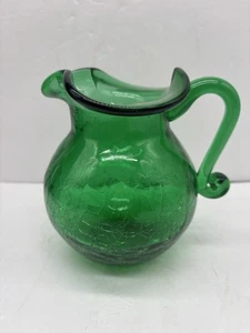 Vintage 5.5” Tall Emerald Green Blenko Crackle Glass Pitcher - Picture 1 of 7