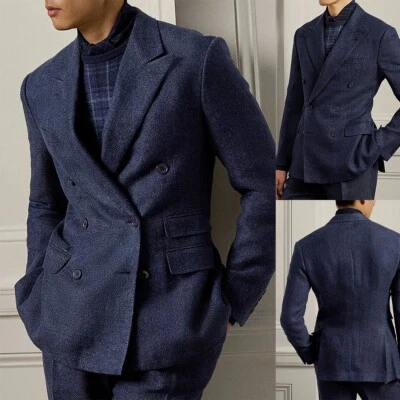 Herringbone Mens Suits Tweed Double Breasted Wool Blend Slim Fit Peak Lapel - Image 1 of 4