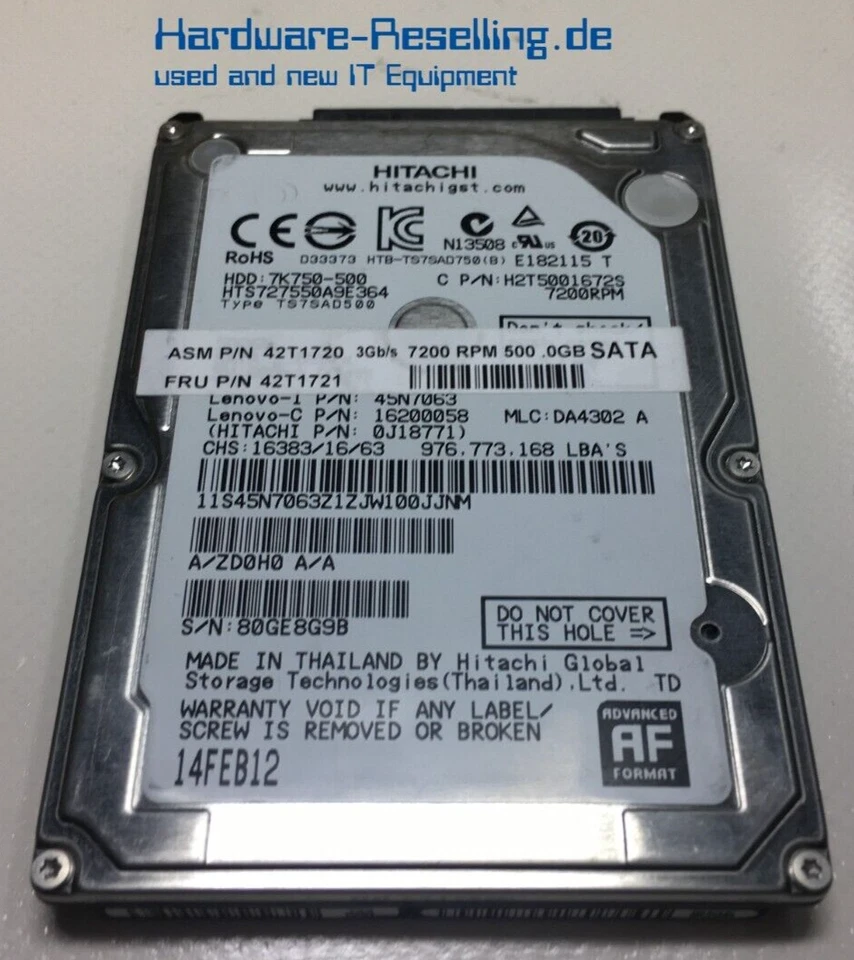 Hitachi Lenovo Travelstar 500GB SATA 2,5 3G 7.2K HTS727550A9E364 42T1721 45N7063 - Immagine 1 di 1