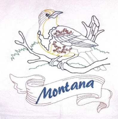"HANDMADE" STATE BIRD-MONTANA-WESTERN MEADOWLARK MACHINE EMBROIDERED FLOUR SACK DISH TOWEL