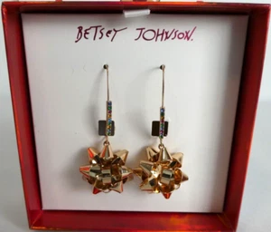 Betsey Johnson Gold Schleife Ohrhänger bunte Strasssteine 2 1/2" Neu im Karton - Bild 1 von 6