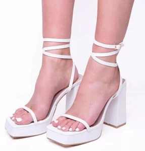 SANDALIAS MUJER BLANCAS PU PUNTA ABIERTA TACÓN ALTO PLATAFORMA TIRAS APENAS HAY 3-8 - Imagen 1 de 3