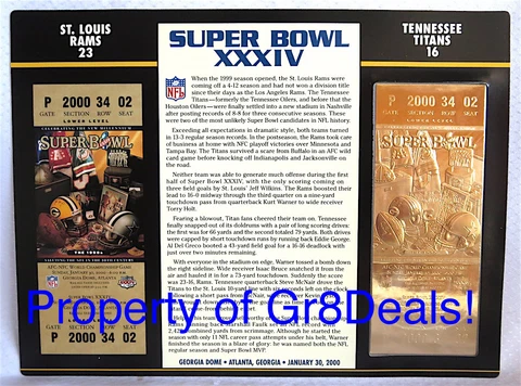 SUPER BOWL 34 ~ RAMS vs TITANS ~ NFL 22 KT GOLD SB XXXIV TICKET Willabee & Ward Cover