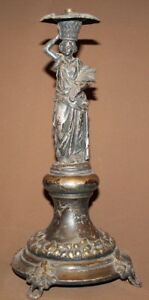 ANTIQUE VICTORIAN BRONZE/SILVER PLATED WOMAN STATUETTE CANDLE HOLDER