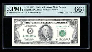 DBR 1993 $100 FRN Boston Gem Fr. 2174-A PMG 66 EPQ Serial A29803014A - Picture 1 of 2