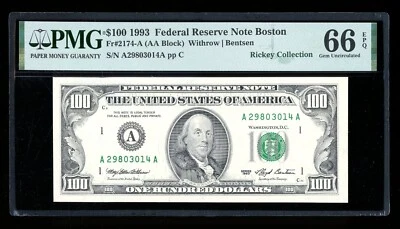 DBR 1993 $100 FRN Boston Gem Fr. 2174-A PMG 66 EPQ Serial A29803014A - Image 1 of 2