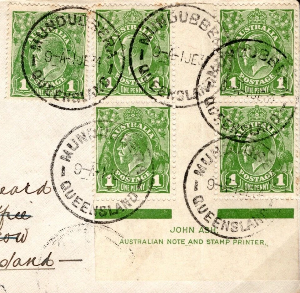 AUSTRALIA KGV 1d *Ash* IMPRINT BLOCK Cover 1934 FIRST FLIGHT Mundubbera MC297 — 第 1/4 张图片