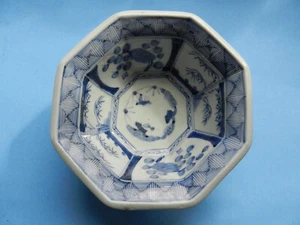 BLUE JAPANESE ARITA WARE SETO TIN GLAZE OCTAGONAL BOWL - 19CM - Picture 1 of 17