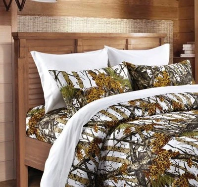 JUEGO DE SÁBANAS CAMUFLAJE BLANCAS TAMAÑO QUEEN MADERA CAMUFLAJE PLANO AJUSTADO Foto 1 de 4