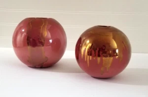 Set of 2 Studio Art Pottery Vases Rose Bowl Pink Gold Drip Glaze Signed Shelton - Picture 1 of 15