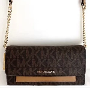 MICHAEL KORS Jet Set Wallet Crossbody Leather Chain Strap Pale Peanut - Picture 1 of 12