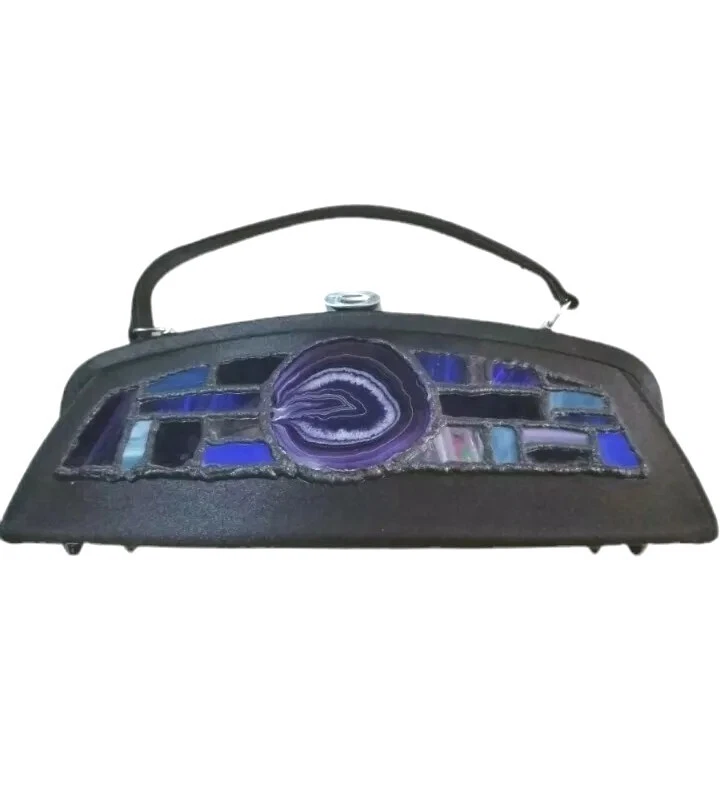 VTG Natural Stone Crystal Handbag Embellished Black Satin Womens  - Image 1 of 4