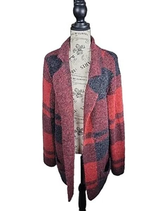 Karen Hart M Damen Pullover Strickjacke rot schwarz kariert offene Fronttaschen - Bild 1 von 13