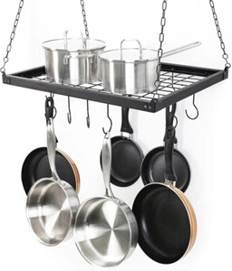 Soduku Ceiling-Mounted Hanging Pot & Pan Rack w/ Shelf Grid - Metal w/Wood Frame - Picture 1 of 4