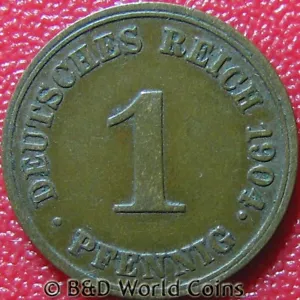 GERMANY 1904-J ONE 1 PFENNIG HAMBURG MINT GERMAN WORLD COIN COPPER 2gr 17.5mm - Picture 1 of 2