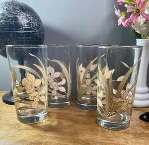 VINTAGE SET OF FOUR 10 OZ. LIBBEY GLASSES WITH BROWN & CREAM COLORED IRIS DESIGN - Picture 1 of 7