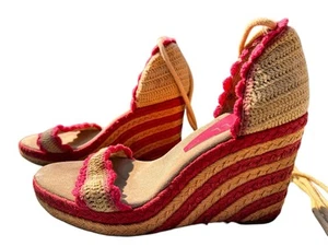 Stunning Ravel Crochet Pink & Beige Straw Tie Leg Wedge Espadrilles - Size UK 6 - Picture 1 of 13