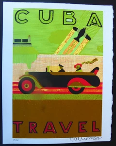 CUBA TRAVEL / Serigrafía cubana firmada de coche de colección en el Malecón de La Habana por JIMÉNEZ - Imagen 1 de 7