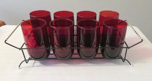 8 Vintage Anchor Hocking Royal Ruby 9 Oz  Tumblers in Metal Wire Caddy Holder - Picture 1 of 14