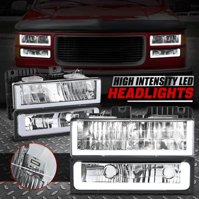 [U-LED DRL] For 88-00 Chevy GMC C/K Headlight+Bumper Turn Signal Lamps Chrome - Image 1 of 4