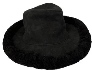 Black Shearling Rancher Hat W Real Shearling Größe 6 7/8 Kleines Wildleder Warm - Bild 1 von 5