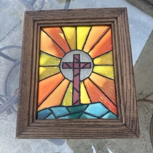 Marco de madera colgante con marco de cruz de colección vitral religioso panel de ventana - Imagen 1 de 14