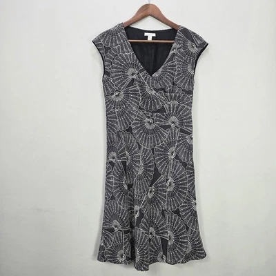 Garnet Hill Dress 4 Gray Fan Print Sleeveless V-Neck 100% Silk Short Flare Lined - Image 1 of 4