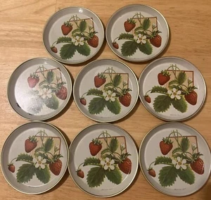 8 Vtg Metal Drink Coasters Meister Strawberry Pattern Gold Trim Brazil Woolworth - Picture 1 of 3